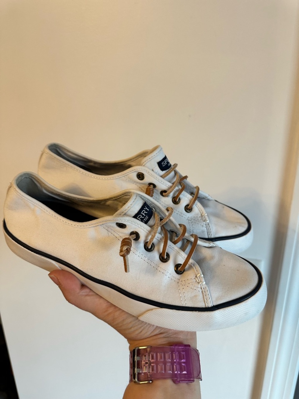 Classic Sperry Women's White Canvas boat shoe/sneaker with Brown leather Laces